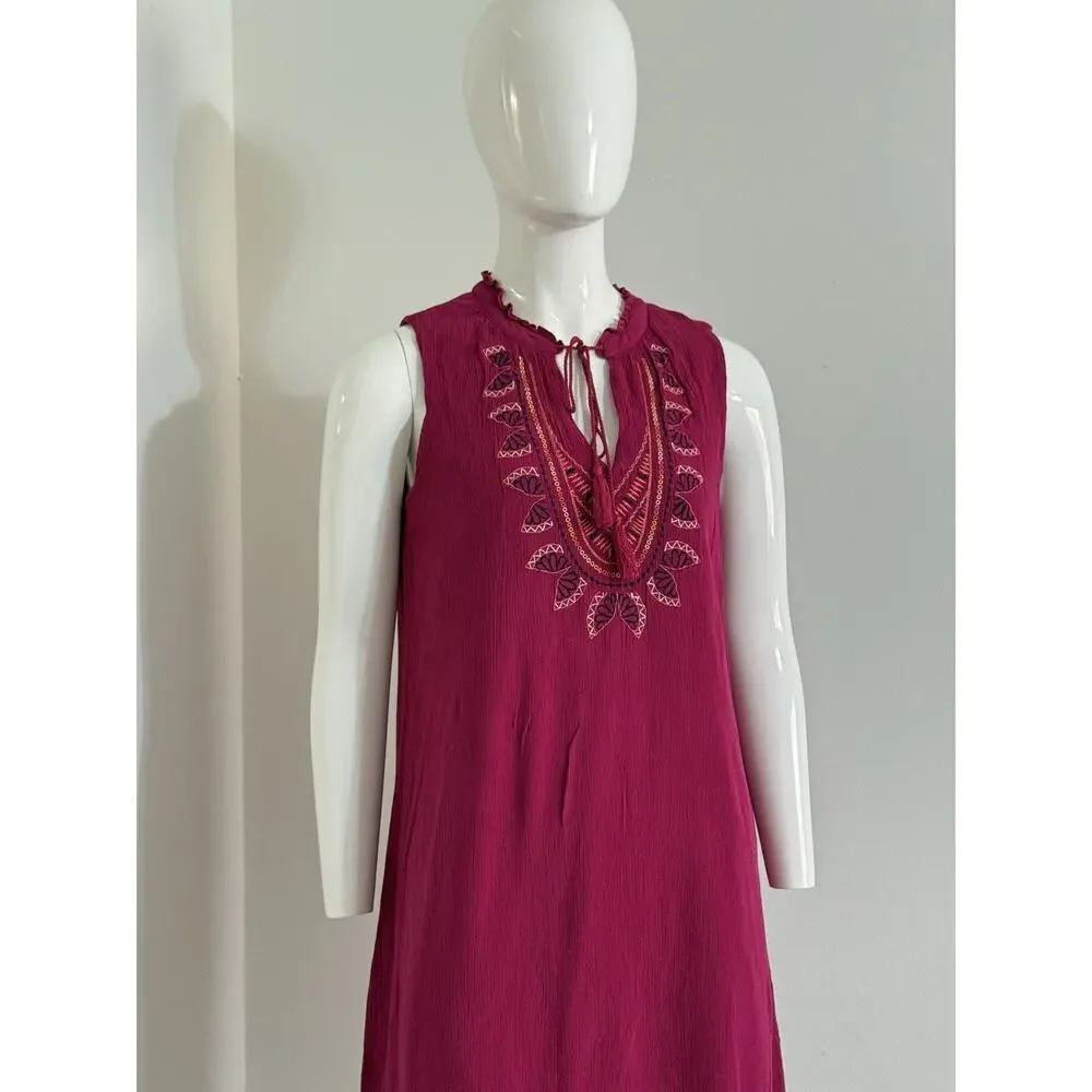 Cupio Boho Embroidered Shift Dress Size M Fuchsia Pink Sleeveless Tassel Fairy